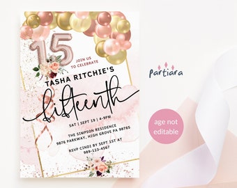15th Birthday Invitation Girl Printable Rose Gold Blush Pink Balloons DIY Editable Invite Autumn Fall Floral Pamper Make-up Theme Party P190