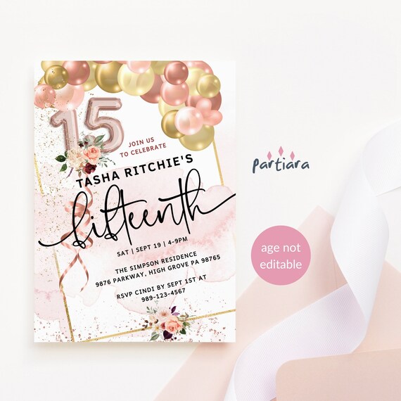 15th Birthday Invitation Girl Printable Rose Gold Blush Pink | Etsy