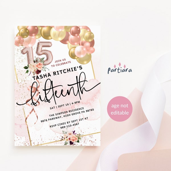 15th Birthday Invitation Girl Printable Rose Gold Blush Pink Balloons DIY Editable Invite Autumn Fall Floral Pamper Make-up Theme Party P190