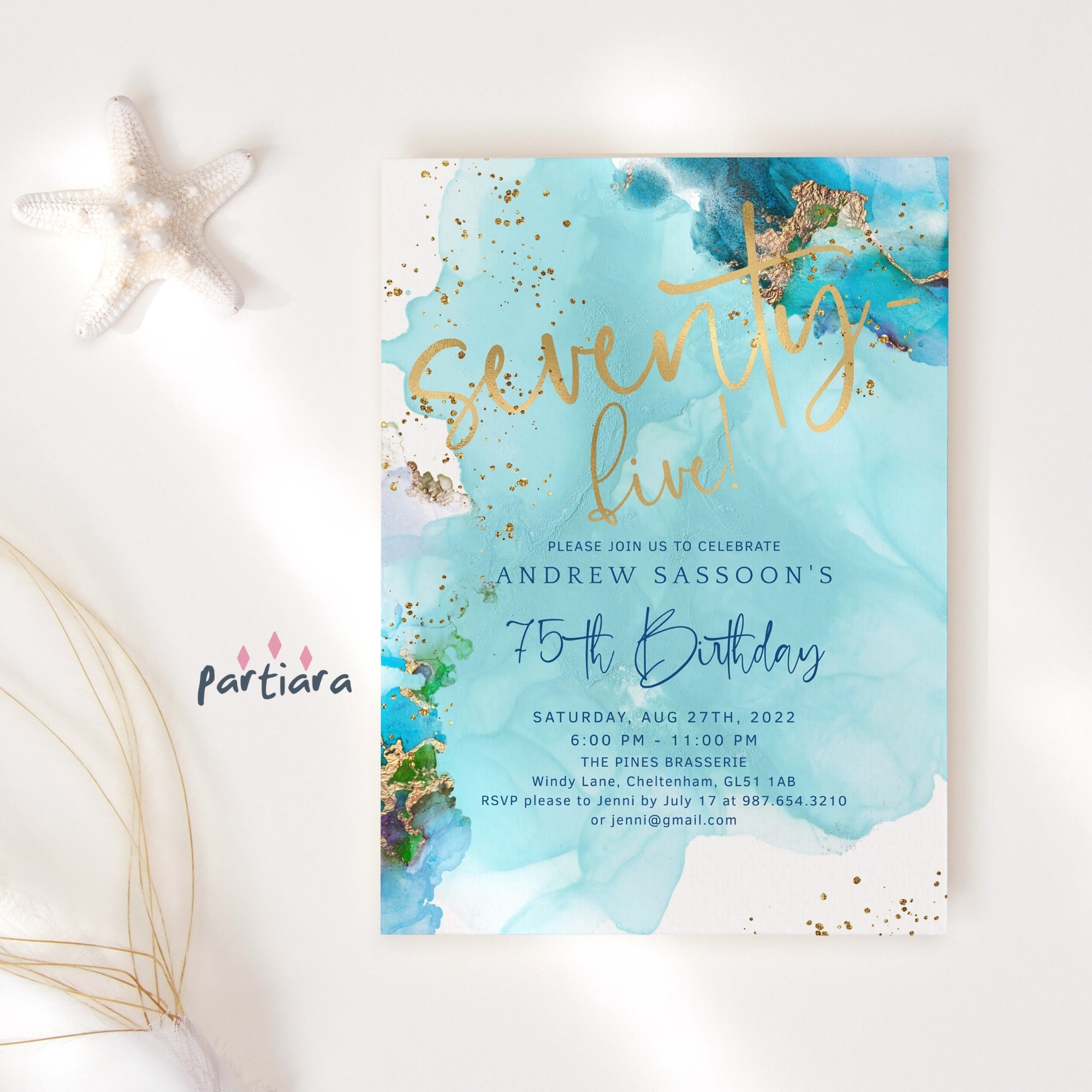 Beach Theme 75th Birthday Invite Printable Aqua Teal Blue and - Etsy