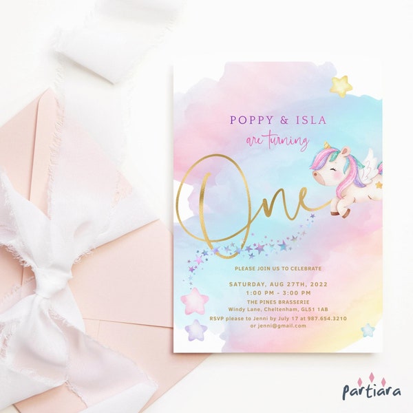 Girl Twins 1st Birthday Invite One in a Million Unicorn Rainbow Tea Party Invitations Printable Editable Digital Download Template P179