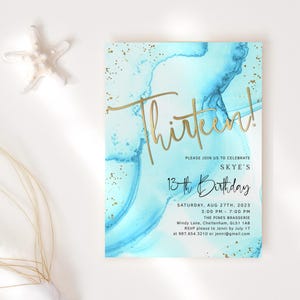 13th Birthday Invite Girls Blue Gold Pool Party Printable Invitation Boys Water Theme BBQ House Party Invites Editable Digital Download P296