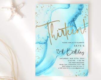 13th Birthday Invite Girls Blue Gold Pool Party Printable Invitation Boys Water Theme BBQ House Party Invites Editable Digital Download P296