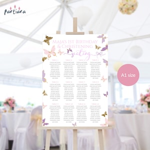 Doop zitplaatsen tabel vlinder 1e verjaardagsfeestje teken afdrukbare, meisje babyshower pastel roze paars decor, A1 bewerkbare sjabloon P345