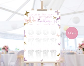 Butterfly Seating Chart Printable Girl's 1st Birthday Baptism Baby Shower Party Table Sign Editable Template Pink Lilac Gold P6 P345