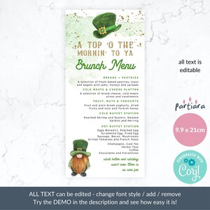 Editable St Patricks Day Menu Card Template Saint Patrick's Irish Party Table Menus Printable Birthday Brunch Menus Digital Download P135 image 2