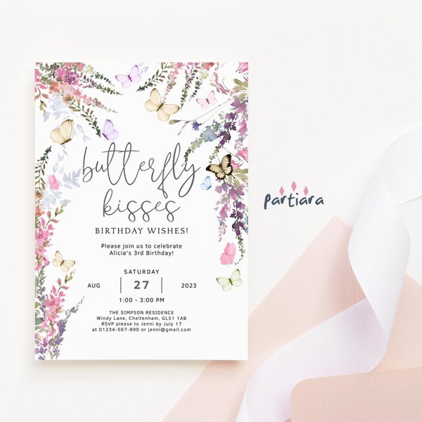 Mariposa besos deseos de cumpleaños invitar a niña flores silvestres mariposas florales invitación fiesta de té imprimible baby shower editable descargar P256