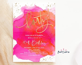 40th Birthday Invitation, Ladies Forty Hot Pink Orange Party Invite Printable, Gold Decor, Editable Digital Download Template P200