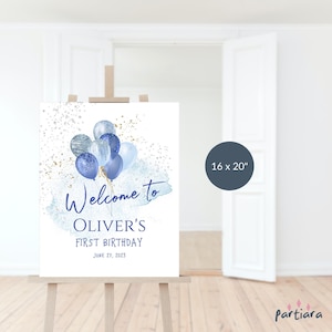 Boys Birthday Welcome Sign, Blue Silver Balloons 1st Party Welcome Poster Board Printable, Editable Digital Download Template P291