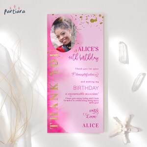 Cartão de agradecimento para aniversário de senhoras, decoração de prato, para impressão, cartões de agradecimento para festa de meninas adolescentes, fúcsia, rosa choque, dourado, decoração de mesa editável P400