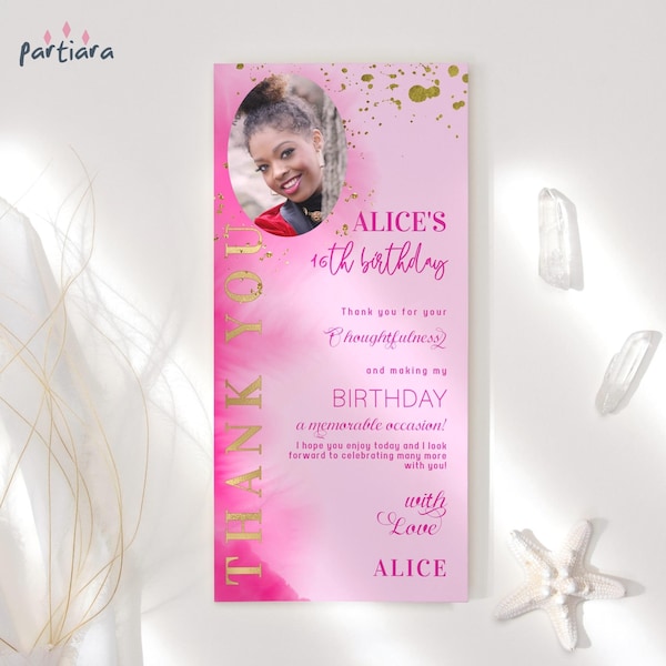 Damen Geburtstag Danke Karte Teller Dekor druckbare Teen Girl's Party Danke Hinweis Karten Fuchsia Hot Pink Gold Tischdekoration bearbeitbar P400