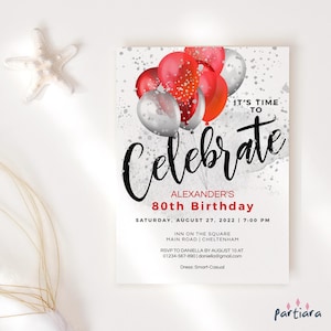 Red Silver Balloons Birthday Invitation Printable Men&#39;s Party Celebration Invite Editable Digital Download Template P707