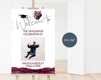 Abschlussfeier Fotoschild, Willkommen Grad Party Poster Dekor druckbare, Burgund Silber Glitter Abendessen Willkommen Staffelei Zeichen, bearbeitbare Download P792