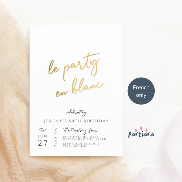 Le Party en Blanc Invitation Template, All White Gold Elegant Holiday Party Invite Imprimable, Français Parisienne Thème Modifiable Télécharger P245