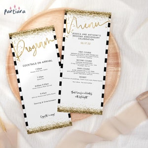 Black Gold Menu Program Template, Birthday Dinner Programs Printable, Mens Party Menus, Black Stripe Table Decor, Editable Download P251