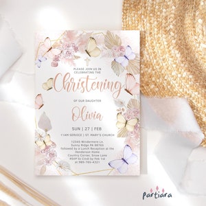 Modello di invito per battesimo boho per ragazze, invito per festa di compleanno congiunta del 1° compleanno stampabile, biglietto floreale con farfalla rosa Pampas, modificabile P171