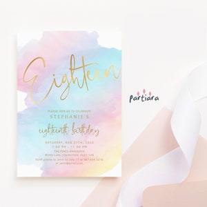 Modèle pastel d'invitation de 18e anniversaire pour filles, brunch, déjeuner ou dîner, cartes imprimables modifiables en téléchargement P179