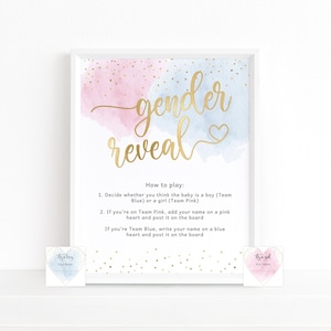 Plantilla de letrero para el juego de revelación de género, póster imprimible para la mesa de votación de equipos de niño o niña, decoración de nubes rosadas y azul pastel, descarga editable P16