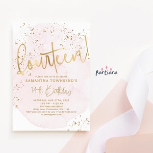 14e verjaardagsuitnodiging meisje bewerkbare pastel Blush roze gouden feest nodigt afdrukbare Instant Download zomer discodansfeest nodigt uit P249