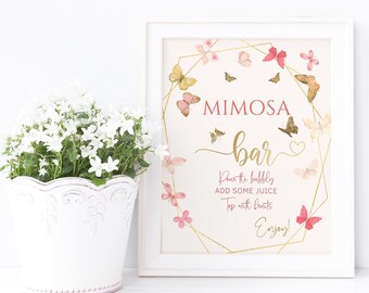 Baby Shower Mimosa Bar Butterfly Party Momosa Drinks Table Sign Printable Girls Birthday or Bridal Shower Decor Editable Download P130