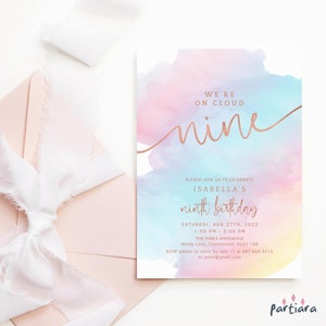 Faire-part d'anniversaire nuage 9, modèle d'invitation arc-en-ciel pour 9e anniversaire, carte d'anniversaire 9e or rose pastel pour filles, téléchargement modifiable et imprimable P179