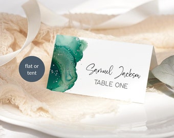 Green Silver Name Place Cards Birthday Dinner Party Table Seating Card Editable Emerald Greens Decor Printable Digital Download P257 P132