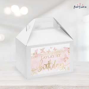 Modèle d'étiquette papillon anniversaire bonbonnière, étiquettes de sac de cadeaux filles imprimables, sticker papillons roses faveurs de boîte de pignon, modifiable P293