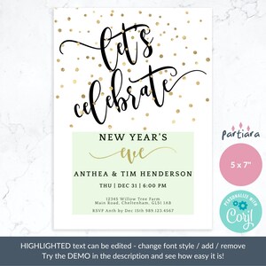 May include: White invitation card with gold confetti and the words "Let's Celebrate" in elegant black script. The card announces a New Year's Eve event with details including the date, time, and location. The card is 5 x 7 inches.