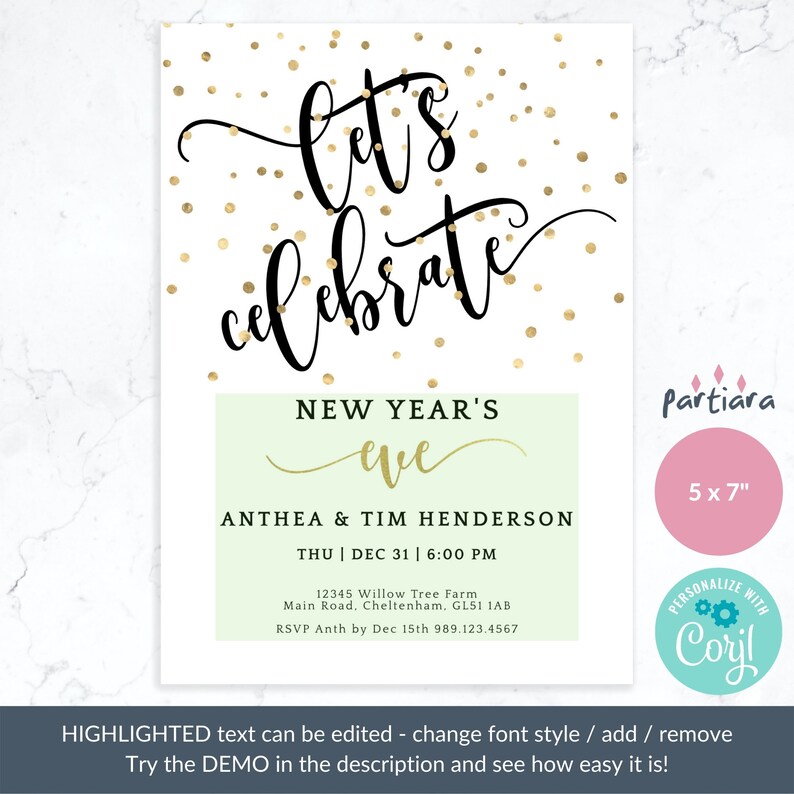May include: White invitation card with gold confetti and the words "Let's Celebrate" in elegant black script. The card announces a New Year's Eve event with details including the date, time, and location. The card is 5 x 7 inches.