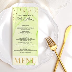 Modèle de Menu d'anniversaire vert citron, menus de dîner imprimables, décoration de table tropicale Sweet 16 Summer Pool Party, téléchargement modifiable P299