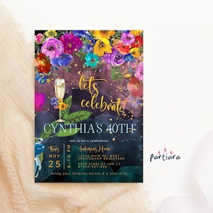 Invitación de cumpleaños floral para damas, invitación imprimible para velada de verano, decoración floral brillante para fiesta en el jardín, almuerzo para 40, 50 y 60 años, editable P654