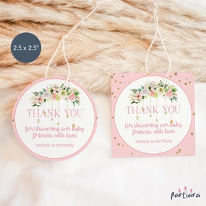Princess Thank You Tags Birthday Party Favors Gift Label Printable, Girl Baby Shower Floral Pink Gold Decor, Editable Template P137