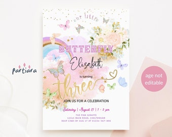 3rd Birthday Invitation Girl Rainbow Butterfly Party Invite Floral Pastel Tea Party Invites Printable Editable Digital Download Template P87