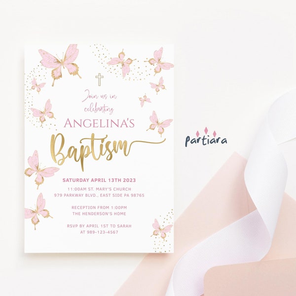 Invitation de fête de baptême de bébés filles, impression de papillons roses et or, modèle P293 en téléchargement numérique