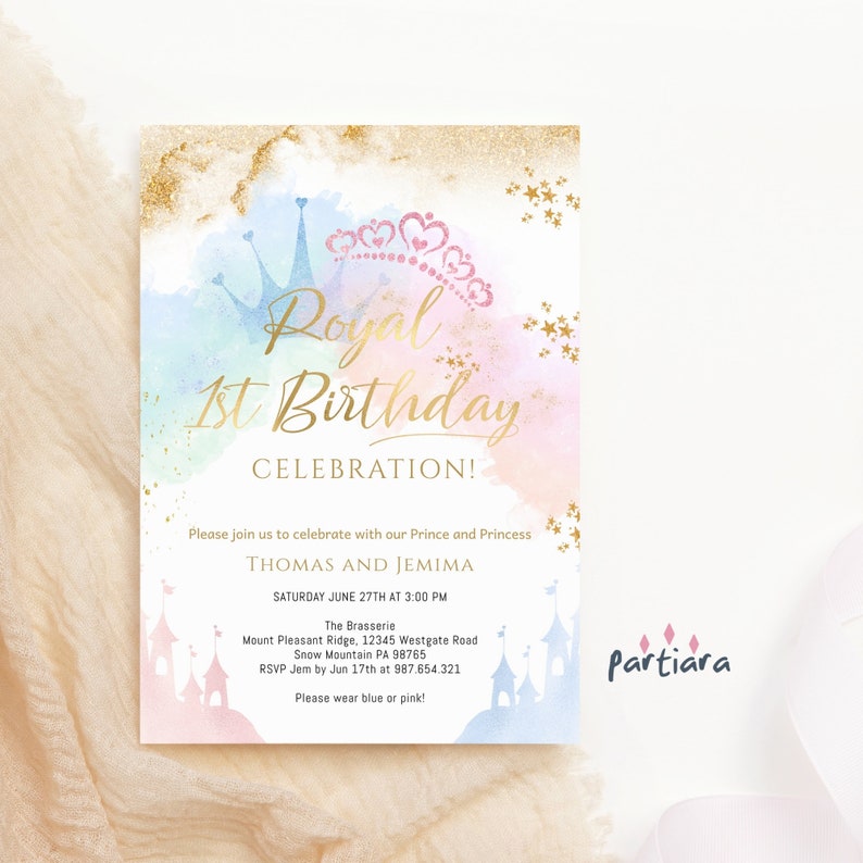Royal 1st Birthday Invitation Girl Princess Tea Party Invite Printable Pastel Tiara Crown Fairytale Castle Editable Digital