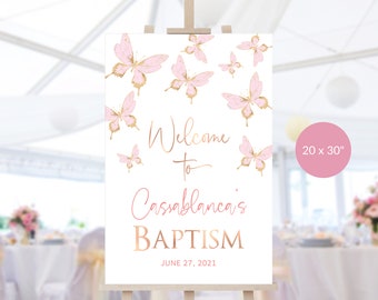 Blush Pink Butterfly Baptism Welcome Sign Girls Printable 1st Birthday and Baptism Butterflies Party Poster Decor Editable Download P293