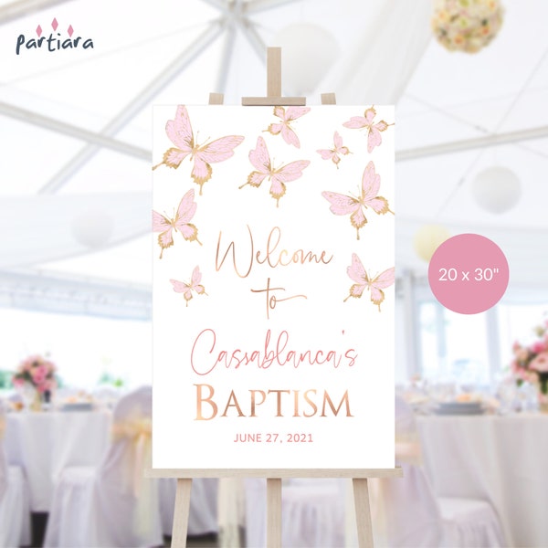 Blush Pink Butterfly Baptism Welcome Sign Girls Printable 1st Birthday and Baptism Butterflies Party Poster Decor Editable Download P293