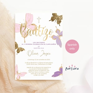 Plantilla de invitación de bautizo para niña con mariposas, imprimible, para primer cumpleaños, tarjeta rosa y morada, editable (P345)