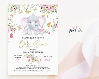 Baby Elephant Invite Girl Baby Shower Floral Elephants and Butterflies Tea Party Invitation Printable Editable Digital Download P78