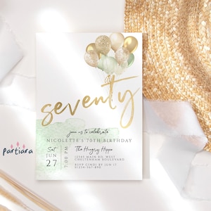 Sage Green 70th Birthday Invitation Printable Ladies Surprise Brunch Lunch Dinner Party Balloons Invite Editable Digital Download P232