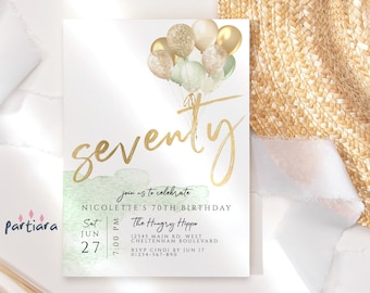 70th Birthday Invitation for Women: Sage Green and Gold Balloons Invite Template P232