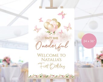 Onederful Welcome Sign 1st Birthday Template for Girls, Butterfly First Birthday Poster Printable, Boho Pink Gold Balloons, Editable P382