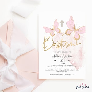 Modèle de fête papillon invitation baptême, 1er anniversaire des filles carte d'invitation conjointe imprimable, déco or rose pastel, téléchargement modifiable P293