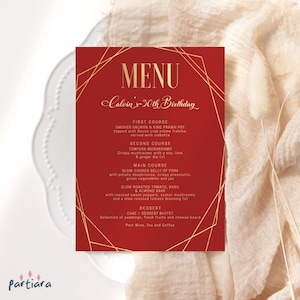 Birthday Dinner Menu Card Template, Red and Gold Party Menus Printable, Men or Ladies Christmas Holidays Event Decor, Editable Download P86