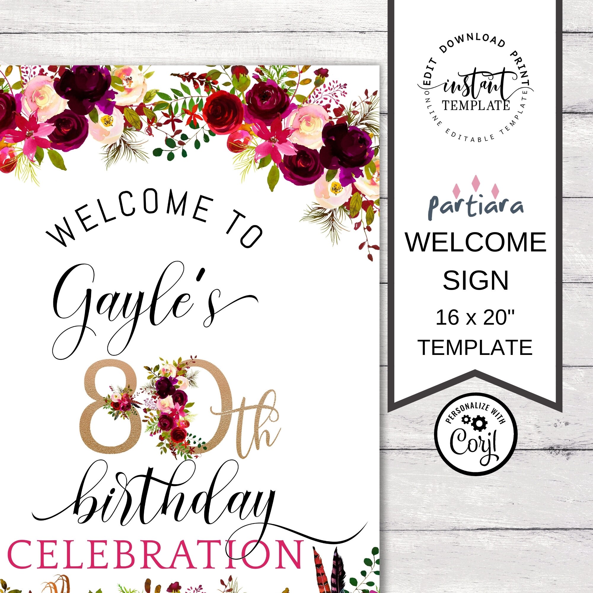 80th Birthday Welcome Sign for Ladies Floral Rose Gold Purple | Etsy