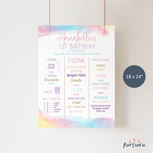 Affiche des statistiques de naissance de la première année du tableau des jalons d'anniversaire imprimable pour les filles, thème de fête pastel licorne arc-en-ciel, modèle modifiable P179