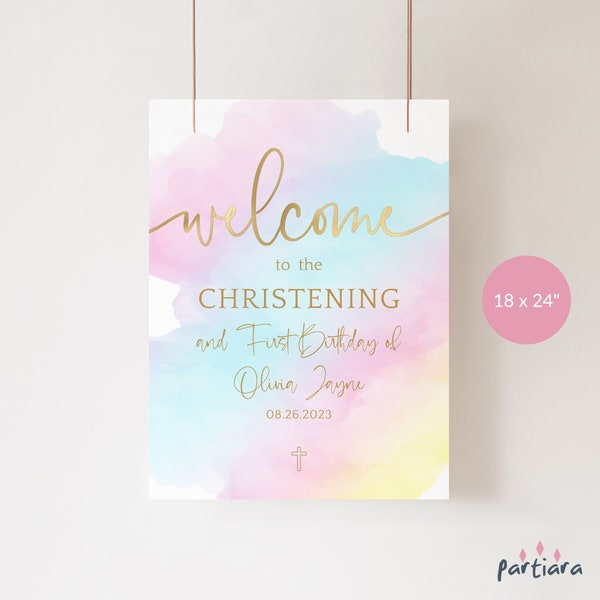 Baby Girl Christening Welcome Sign Pastel Rainbow Sky 1st Birthday Christening Party Welcome Poster Decor Printable Editable Download P179