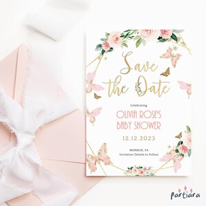 Girls Save the Date Card Butterfly Birthday Party Template, Pink Floral Baptism Announcement Printable Editable Template P328