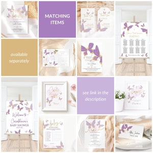 Puede incluir: Un conjunto de decoraciones de fiesta imprimibles con un tema de mariposa p&uacute;rpura y dorada. El conjunto incluye invitaciones, etiquetas de agradecimiento, un plano de asientos, n&uacute;meros de mesa y un cartel de bienvenida. El texto en el cartel de bienvenida dice "Bienvenido al Baby Shower de Casablanca".