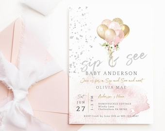 Sip and See Invite Girl New Baby Invitations Printable Blush Pink Silver Balloons Editable Tea Cocktail Party Template Digital Download P344
